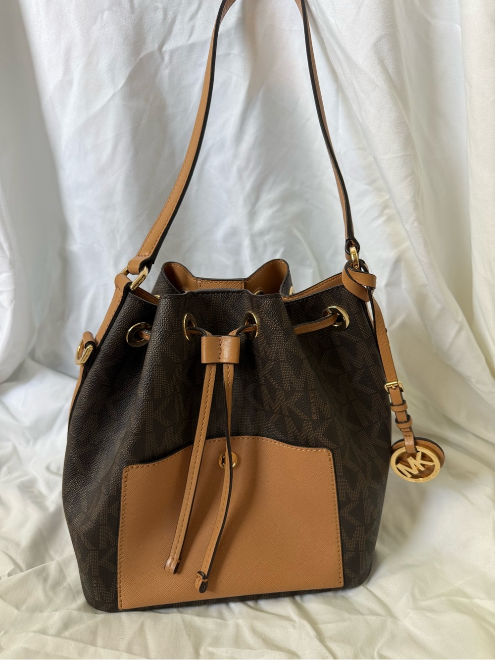Michael Kors Brown and Tan Logo Drawstring Bucket Shoulder Bag